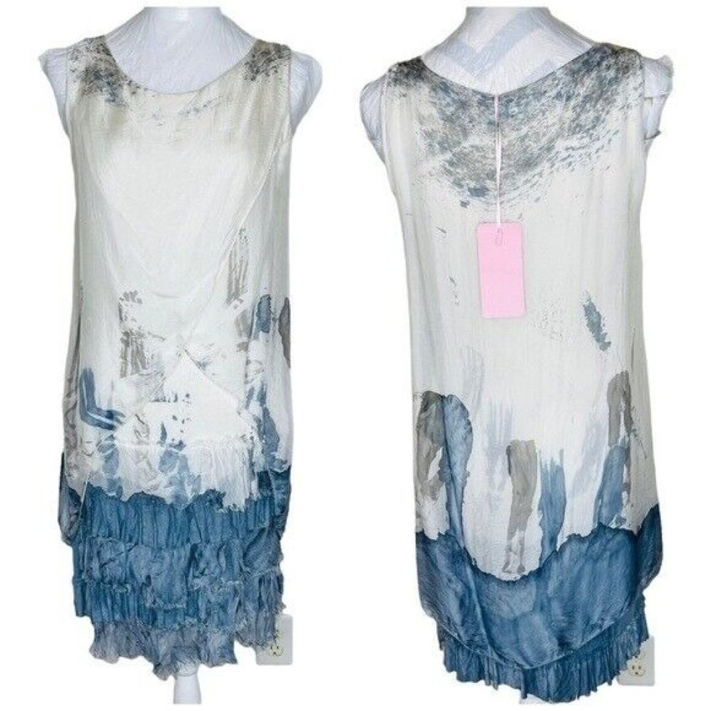 OBSESSION Milan London PARIS 8906M TIE DYE TIERED SILK DRESS DENIM Size Small - Picture 1 of 7